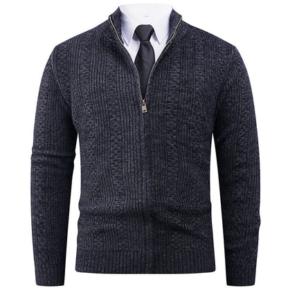Herren Strickjacke Modern Reißverschluss Zopfmuster Schwarz