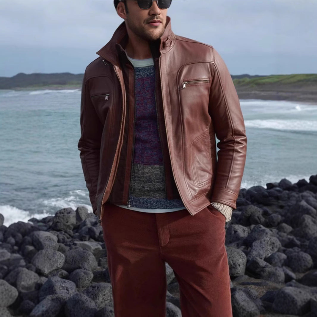 Lederjacke Herren Modern Stehkragen Vieltaschig