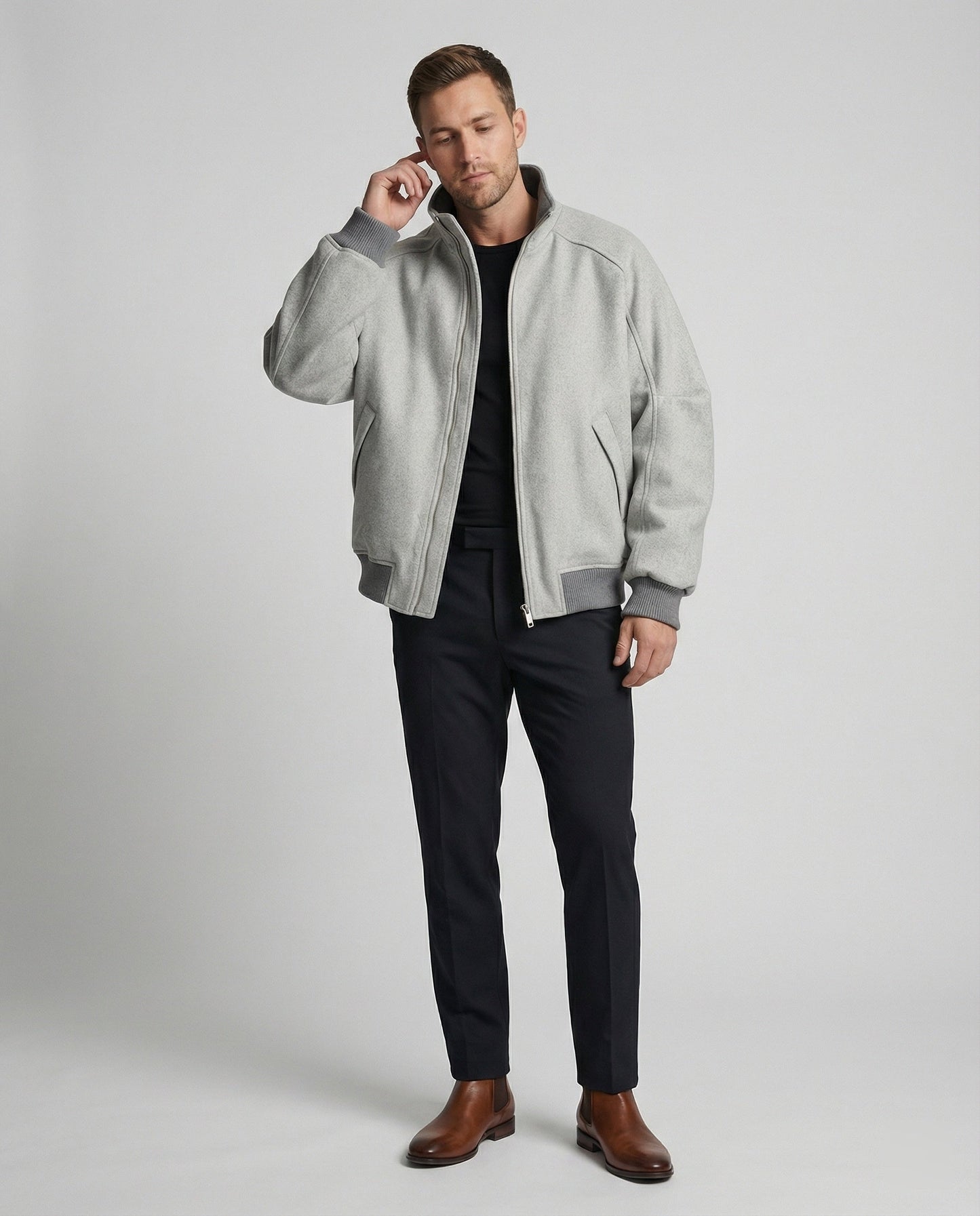 Herren Blouson Oversize Wollmix Stehkragen Reißverschluss