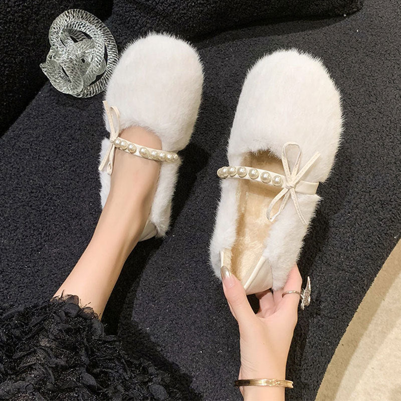 Damen Mokassins Flauschig mit Perlen Riemen Wintermode - BerlinGlamour