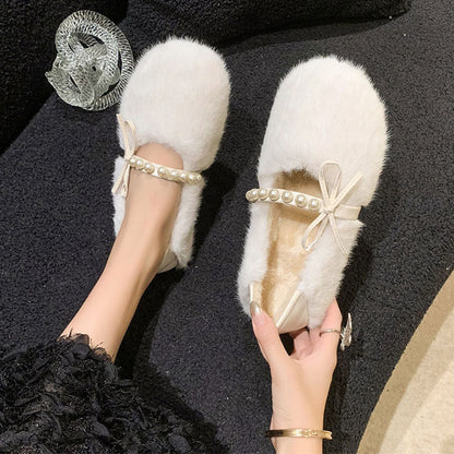 Damen Mokassins Flauschig mit Perlen Riemen Wintermode - BerlinGlamour
