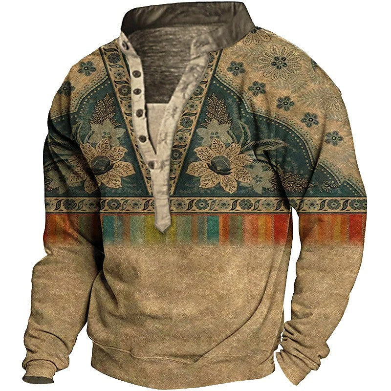Herren Fleece Pullover Ethno Muster Knopf Detail Modern