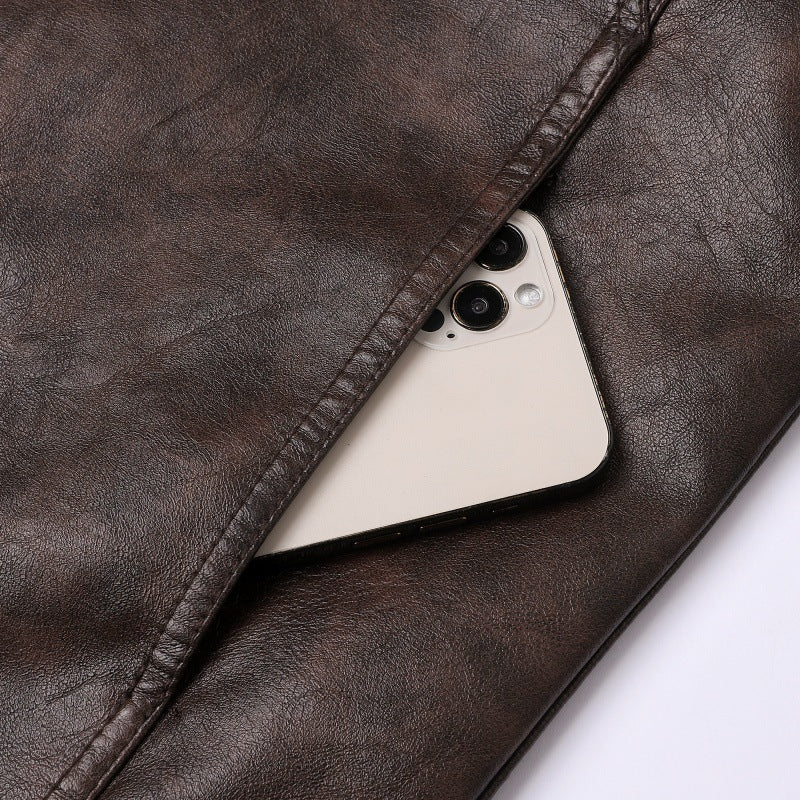 Herren Lederjacke Modisch Reißverschluss Taschen Schwarz