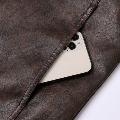 Herren Lederjacke Modisch Reißverschluss Taschen Schwarz