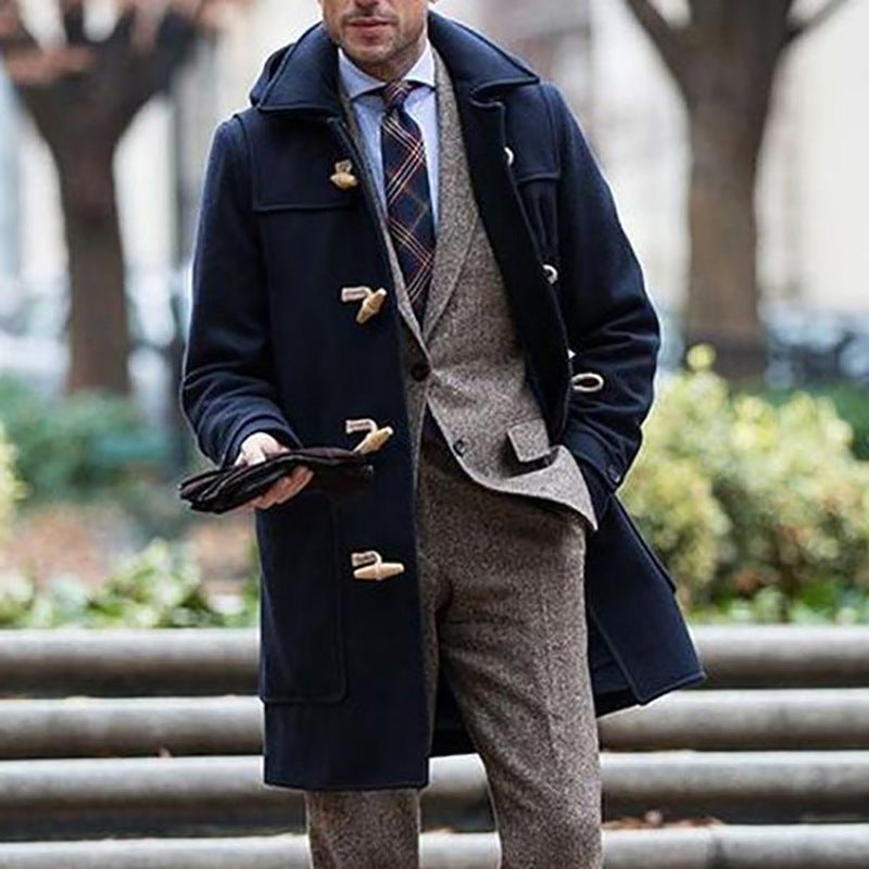 Herren Dufflecoat Wintermantel Wolle Kapuze Knöpfe Elegant