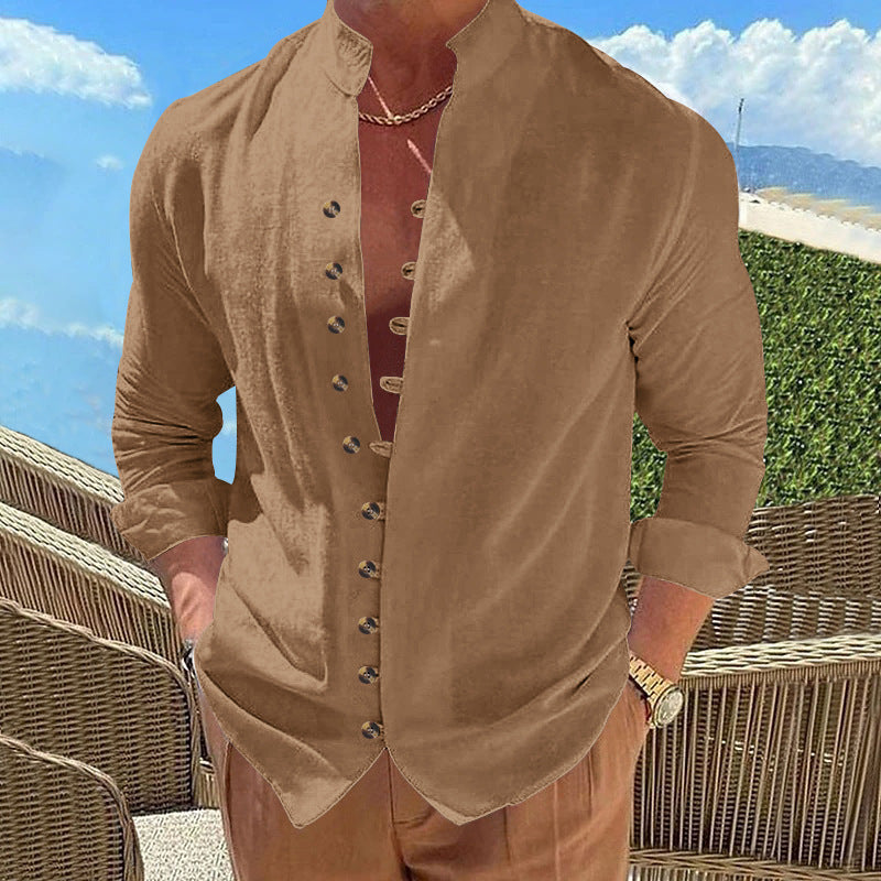 Herren Langarmhemd Modern mit Knöpfen und Stehkragen