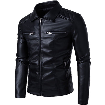 Herren Lederjacke Kunstleder Reißverschluss Taschen Schwarz