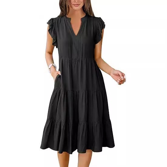 Damen Maxikleid mit Rüschendetails und Taschen Sommerkleid