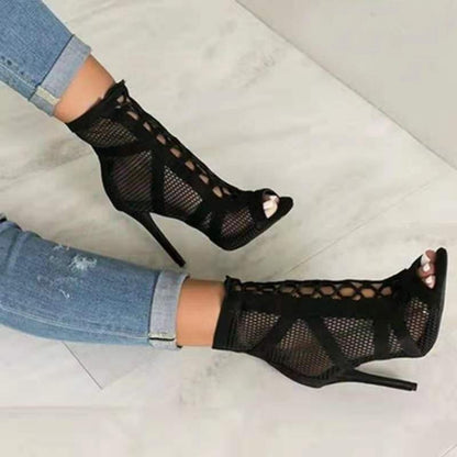 Damen Ankle Boots Peeptoe Netzdesign Blockabsatz Hochhackig