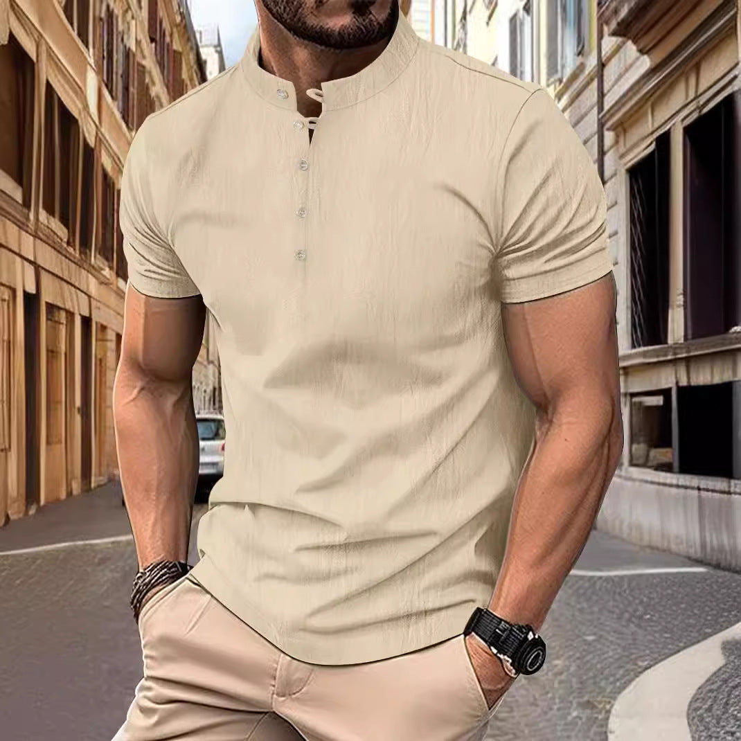 Herren Kurzarmshirt Modern Stehkragen Knopfleiste Elegent - BerlinGlamour