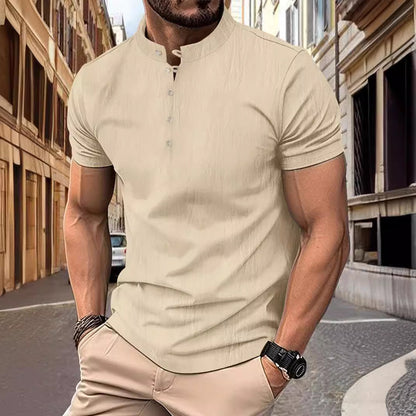 Herren Kurzarmshirt Modern Stehkragen Knopfleiste Elegent - BerlinGlamour