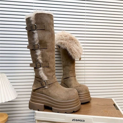 Damen Winterstiefel Fleecegefüttert Plattform Sohle Schnalle Warm