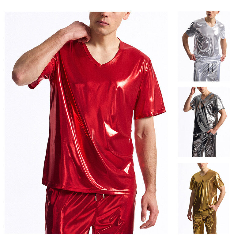 Herren T-Shirt V-Ausschnitt Glänzend Modern Hochwertig - BerlinGlamour