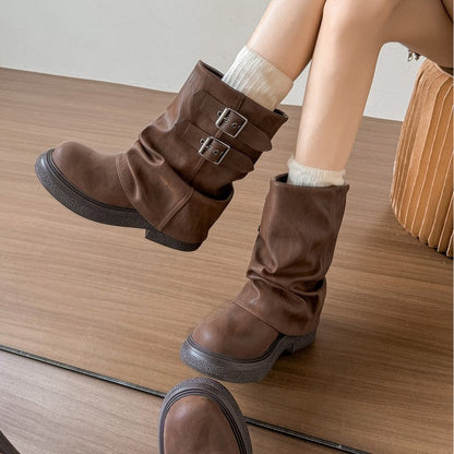Damen Winterstiefel Modisch Falten-Design Schnalle Schwarz