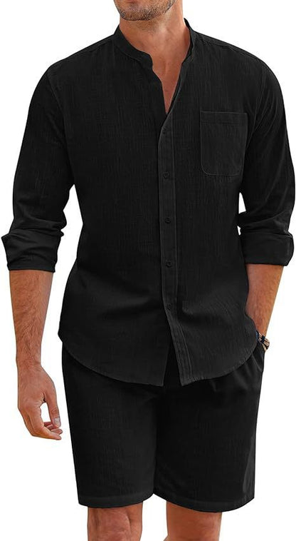 Herren Leinenanzug Kurzarm Hemd Shorts Sommer