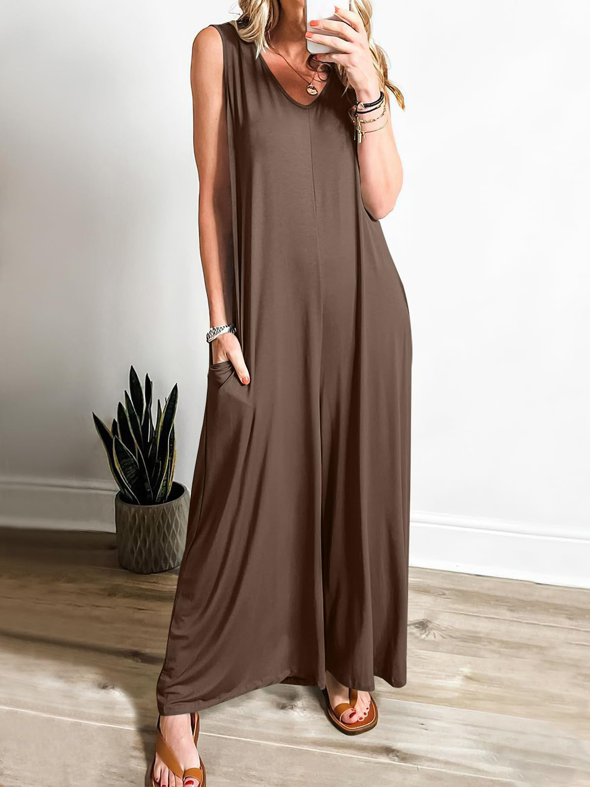 Damen Jumpsuit Locker Mit V-Ausschnitt Und Taschen