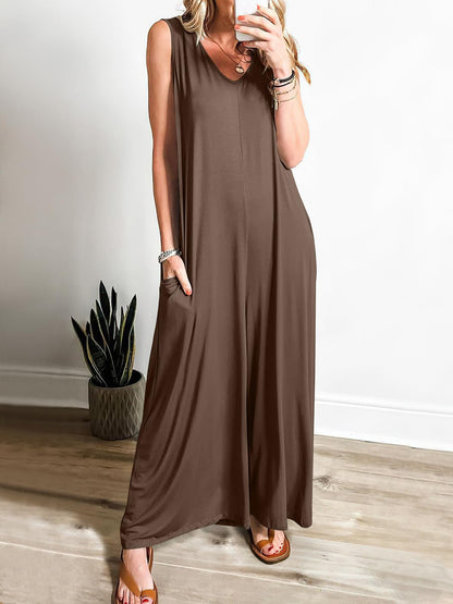 Damen Jumpsuit Locker Mit V-Ausschnitt Und Taschen