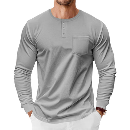 Herren Henley Shirt Langarm mit Brusttasche und Knöpfen