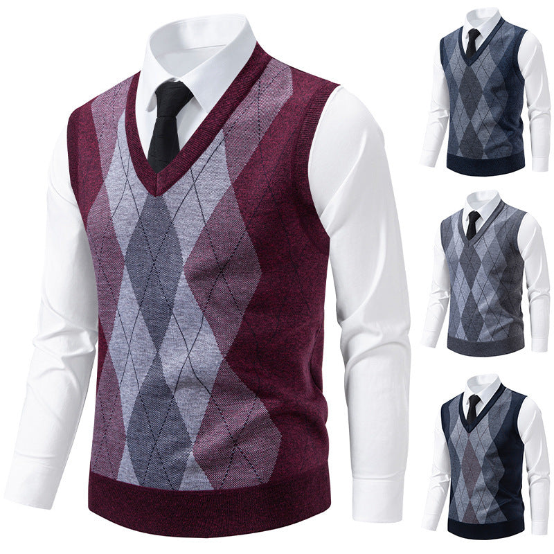 Herren Pullover V-Ausschnitt Klassisches Rautenmuster Modern - BerlinGlamour