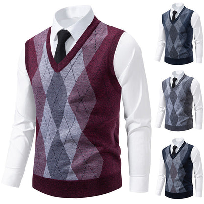 Herren Pullover V-Ausschnitt Klassisches Rautenmuster Modern - BerlinGlamour