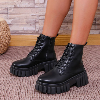 Damen Stiefel Chunky Plateau Schnürstiefel Robust