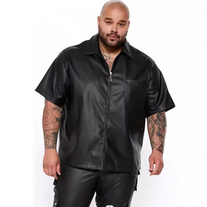 Herren Lederjacke Kurzarm mit Reißverschlusstaschen Schwarz