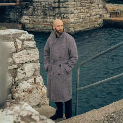 Eleganter Herren Wollmantel Fischgrat Muster Modern