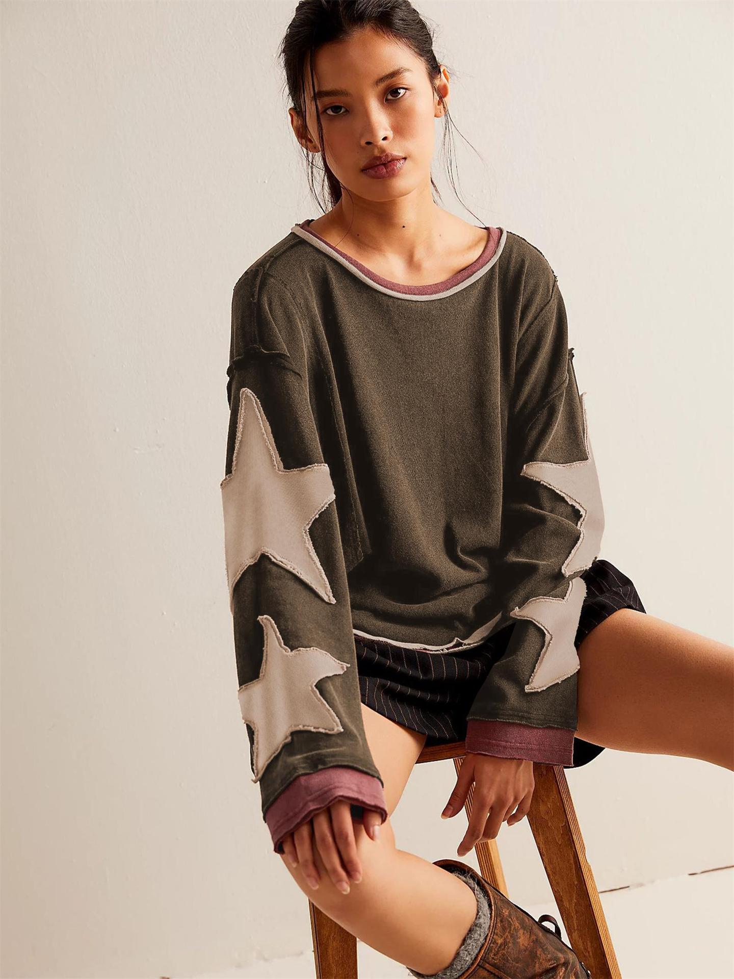 Damen Sweatshirt Lässig Gestreift Mit Sternen