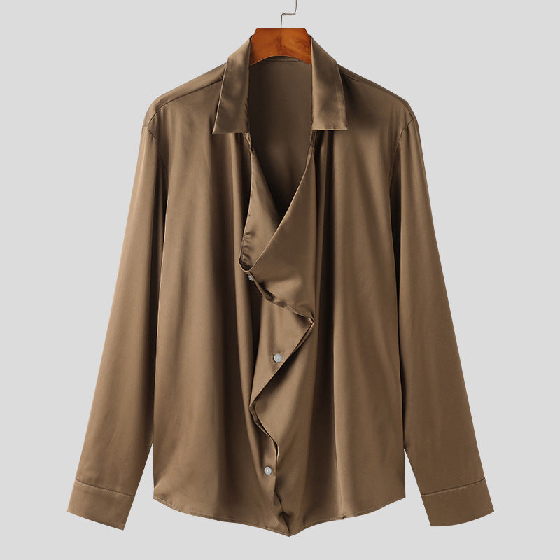 Herren Elegantes Langarmhemd mit drapierter Knopfleiste und seidigem Finish BerlinGlamour wird zu Elegantes Langarmhemd mit Knopfleiste