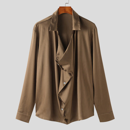 Herren Elegantes Langarmhemd mit drapierter Knopfleiste und seidigem Finish BerlinGlamour wird zu Elegantes Langarmhemd mit Knopfleiste