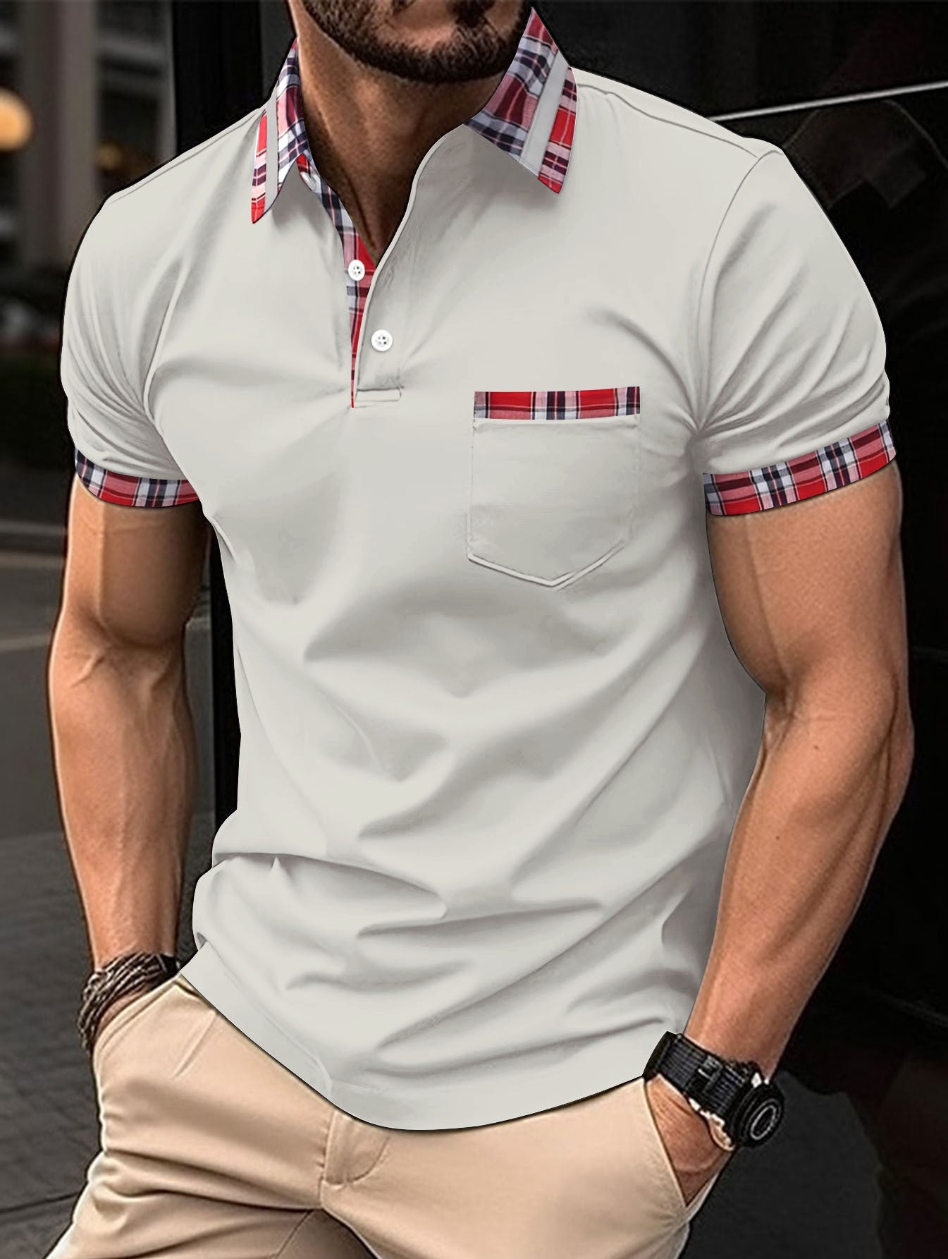 Herren Polo Shirt Kurzarm Modern mit Karo Muster