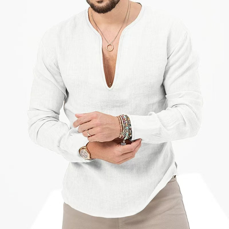 Herren Leinenbluse Leicht V-Ausschnitt Sommer