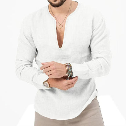 Herren Leinenbluse Leicht V-Ausschnitt Sommer