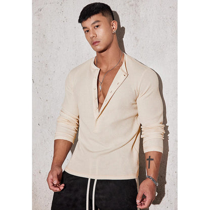 Herren Langarmshirt Waffelstruktur Modern mit Knöpfen
