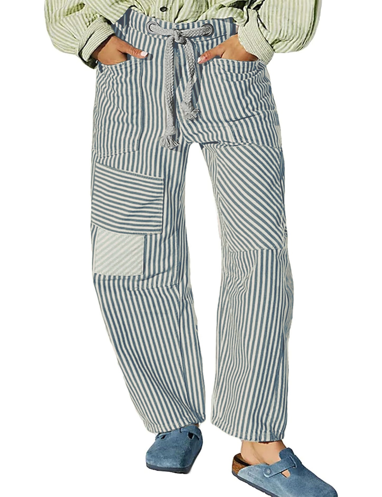 Damen Hosen Gestreift Weite Bequem Verstellbar