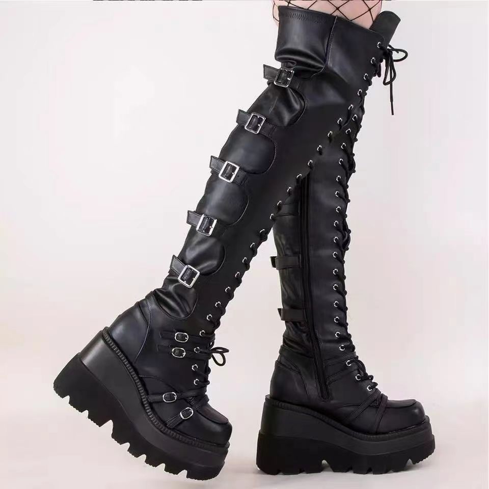 Damen Stiefel Überknie Schnallen Detail Plateau