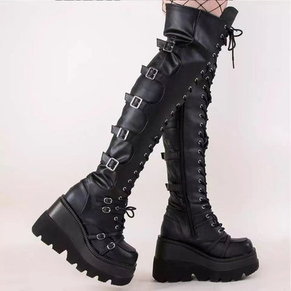 Damen Stiefel Überknie Schnallen Detail Plateau