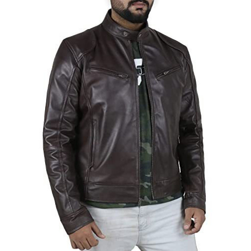 Herren Lederjacke Bikerstyle Schwarz Kontrastnähte