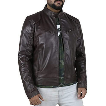 Herren Lederjacke Biker Stil Echtes Leder Schwarz