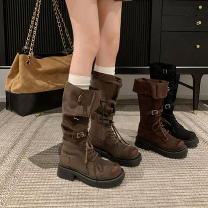 Damen Stiefel Overknee Plateau mit Schnallen Schwarz Modisch - BerlinGlamour