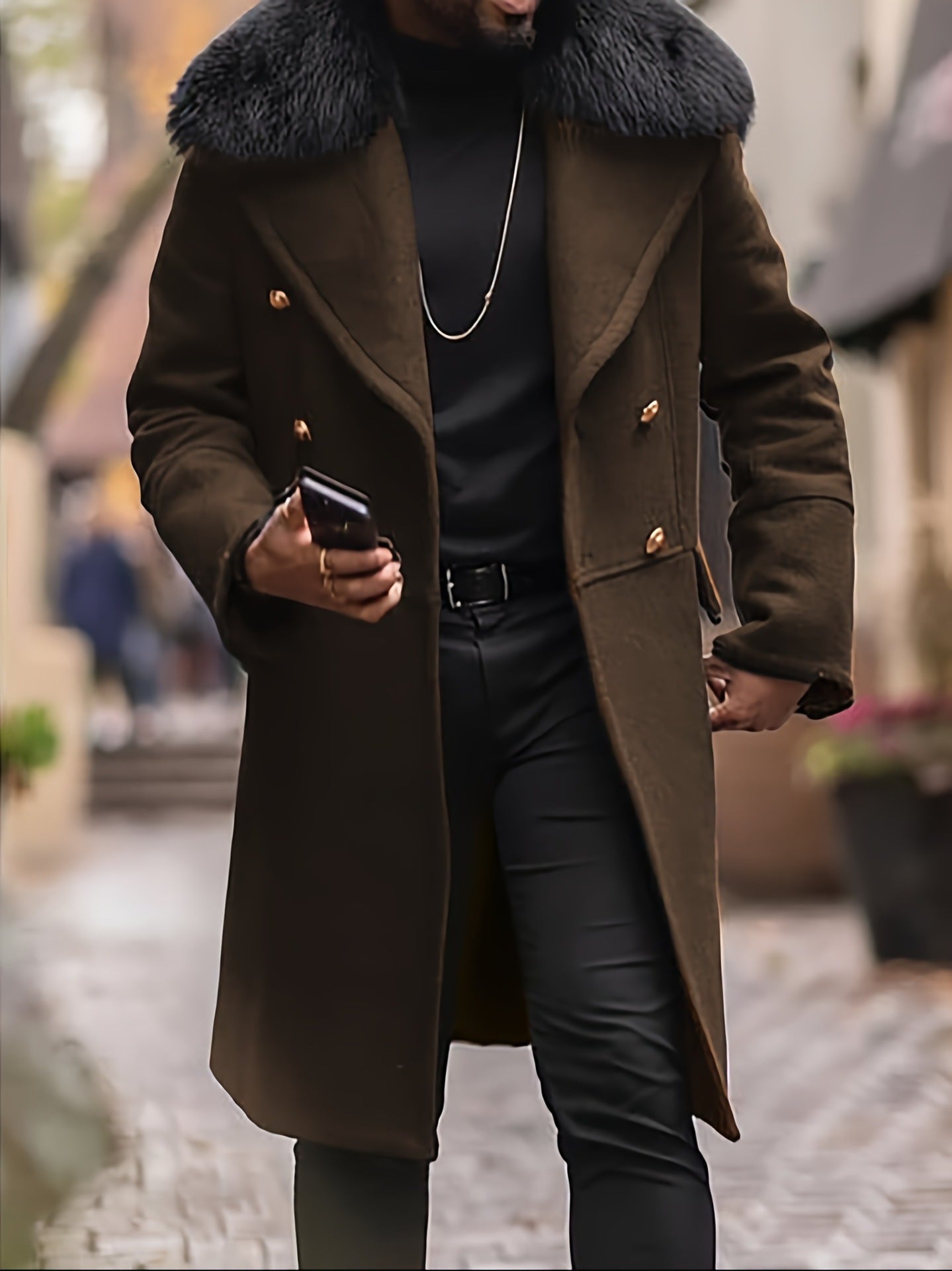 Herren Langmantel Eleganter Fellkragen Luxus Winter