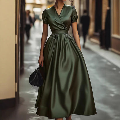 Elegantes Damen Maxikleid Wickeloptik Puffärmel
