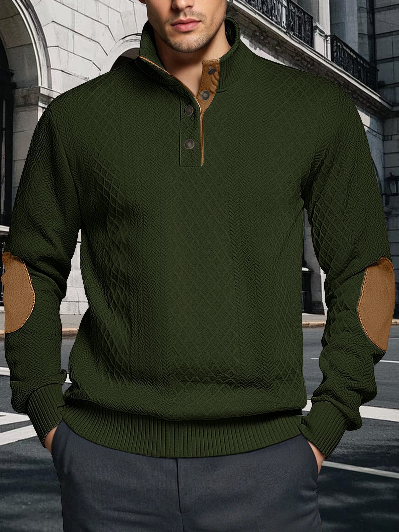 Herren Strickpullover Strukturiert Leder Patches Modern