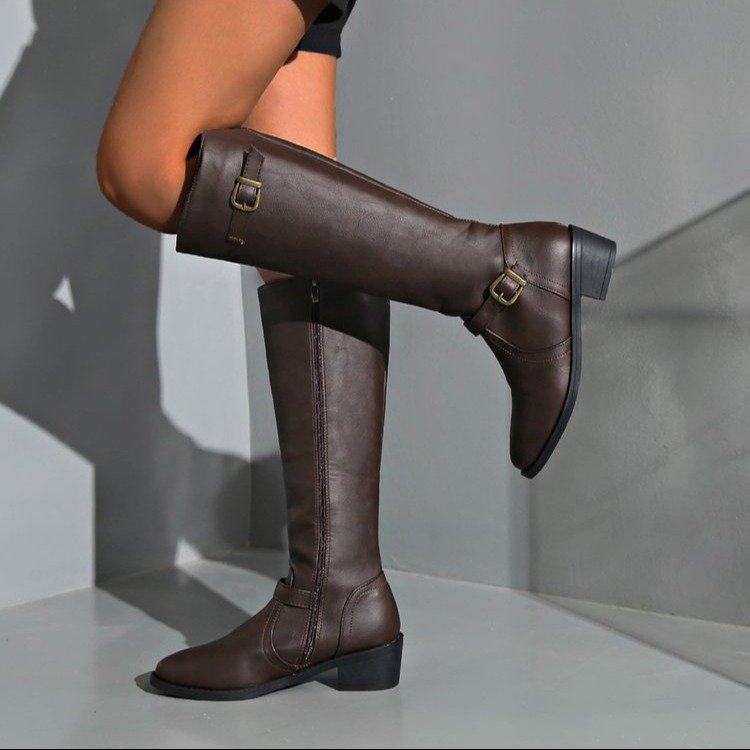 Damen Stiefel Schmal Modisch Gurt Detail Reißverschluss
