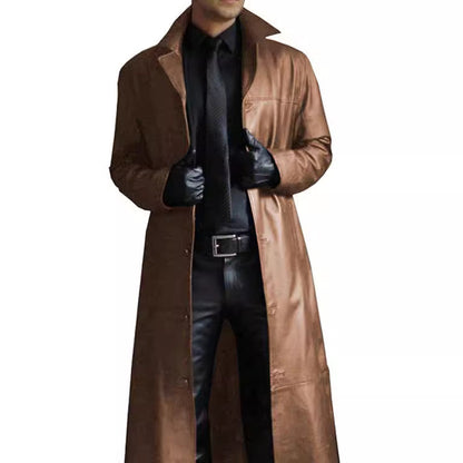 Herren Kunstledermantel Elegant Doppelter Knopfverschluss Schwarzer Ledermantel