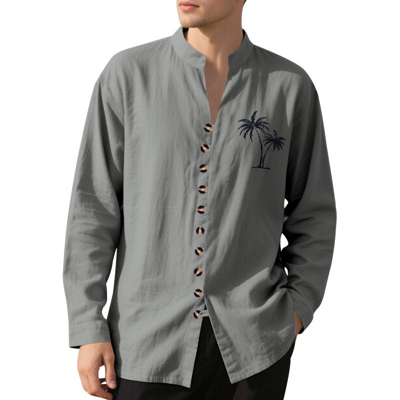 Herren Langarmhemd Palmen Motiv Knopfleiste Trendy