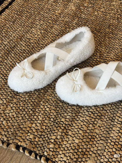 Damen Ballerinas Weich Plüsch Schleifen Detail