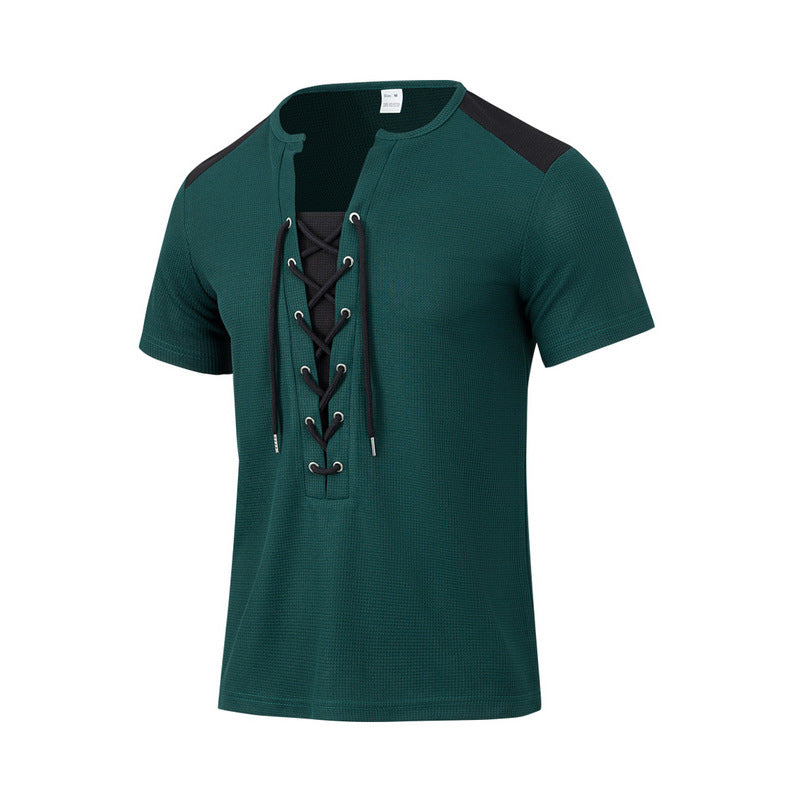 Herren T-Shirt Kurzarm Henley atmungsaktiv Schnürdetail