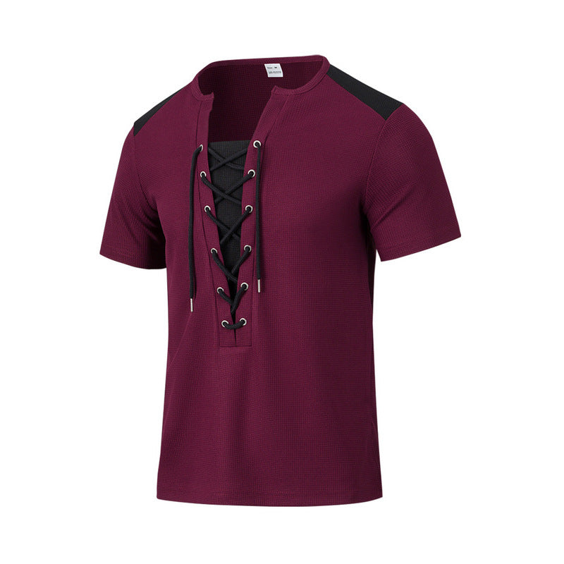 Herren T-Shirt Kurzarm Henley atmungsaktiv Schnürdetail