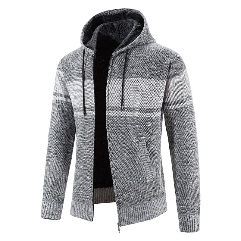 Herren Strickjacke Warm Fleece Kapuze Grau
